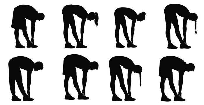 Set of silhouettes of men and women performing forward bend exercise for fitness and health