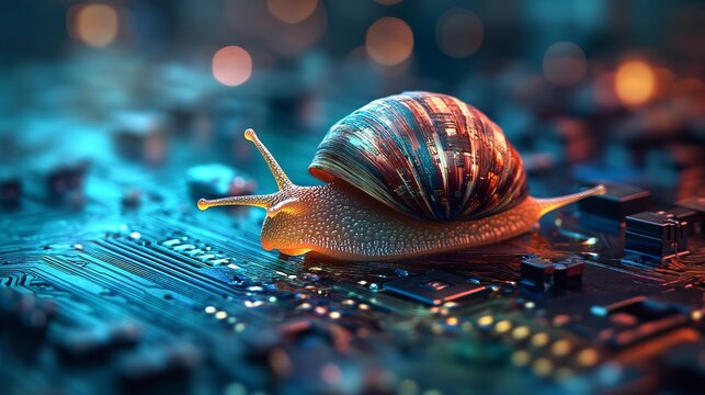 A vibrant snail slowly crawls across a futuristic circuit board, blending nature and technology in a surreal, captivating macro shot