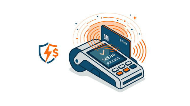 Modern POS terminal payment system with contactless credit card.
