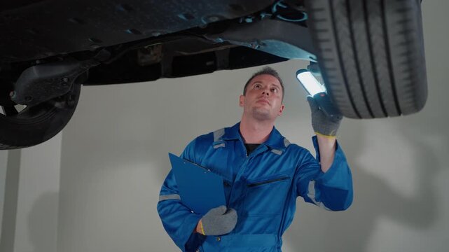 Mechanic inspects vehicle under lift with flashlight and clipboard. Focused, he checks engine components with professional care. Perfect for automotive repair, maintenance, or service industry visuals