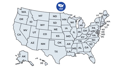 Outline map of United States with state abbreviations. © kavi