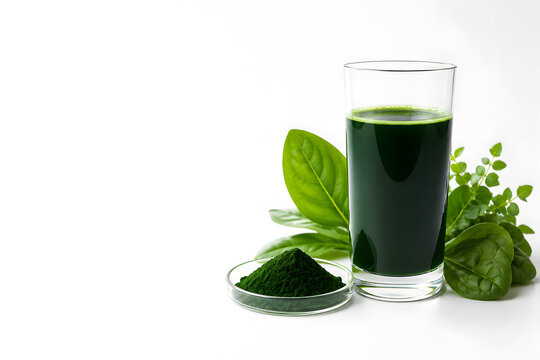 A glass of chlorophyll drink, wheatgrass juice, superfood juice, healthy drink for wellness and detox. against a white background with green leaf.