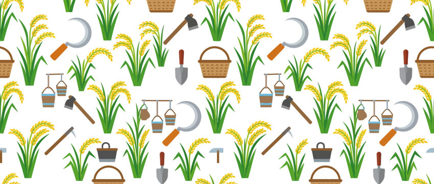 Rice Farming Pattern: Harvest Tools, Grain Stalks, and Baskets Seamless Design