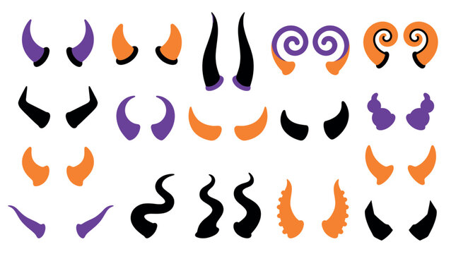 Collection of various devil horns for halloween costumes with halloween creature accessory collection isolated