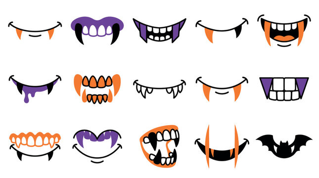 Halloween Smiling vampire teeth with fangs, orange and black