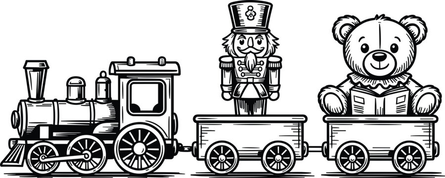 Vintage toy train black and white outline vector carrying a nutcracker soldier and cute teddy bear