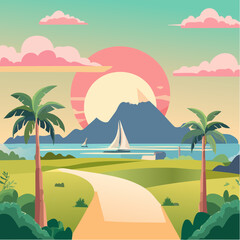Obraz premium Tropical path to a bay with sailboat and pink sun