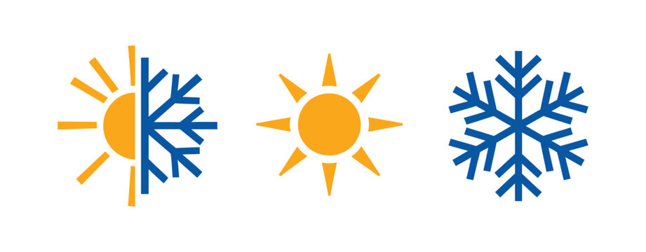 Sun and snowflake icon set, climate change symbol, hot and cold temperature contrast, vector illustration, editable stroke, PNG