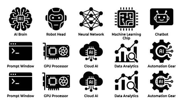 Artificial intelligence machine learning automation and computing icon set illustration