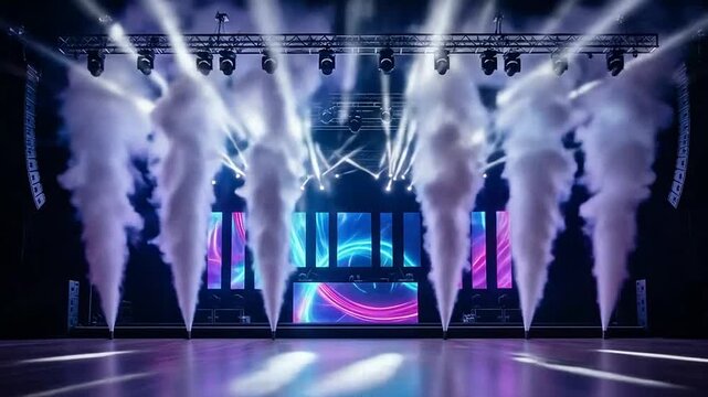 A vibrant stage setup features bright spotlights and rising plumes of thick white smoke