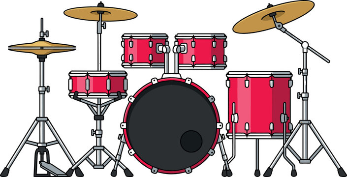 Acoustic Drum Kit Musical Instrument Vector Clipart Featuring Flat Cartoon Red Percussion Set with Bass Drum Snare Tom-Toms Cymbals and Hi-Hat