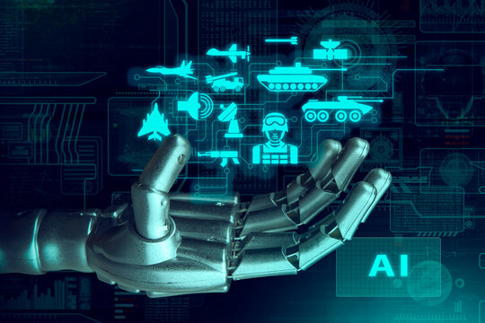 Robotic hand interacting with a digital display showing various military equipment and data visualization in a dark environment.