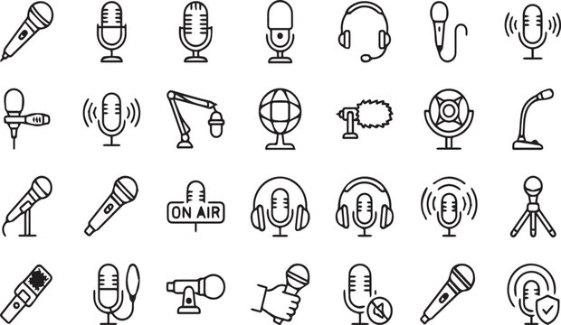 Professional audio equipment symbols featuring studio mics headsets and live performance.