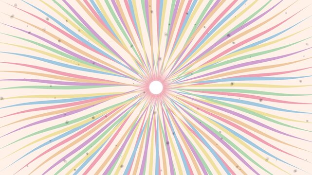 Colorful abstract starburst background with pastel rainbow stripes radiating from center.