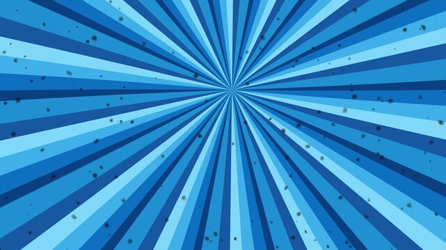 Abstract blue retro sunburst background with radial stripes and dusty texture in comic style.
