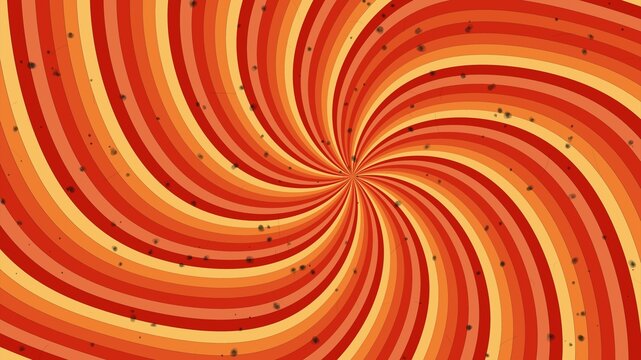 Abstract red and orange retro swirl background with spiral stripes and dusty vintage effect.