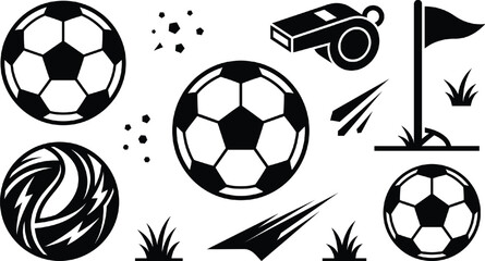 Soccer Football Icon Set with Classic Balls Whistle Corner Flag Grass and Speed Motion Graphic Elements for Sports Web and Print Design © REYAD