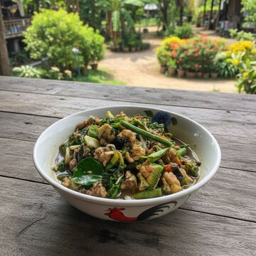 Authentic Northern Thai stir-fried frog with mixed vegetables (Khua Khae Kob), traditional Lanna local dish. - คั่วแคกบ