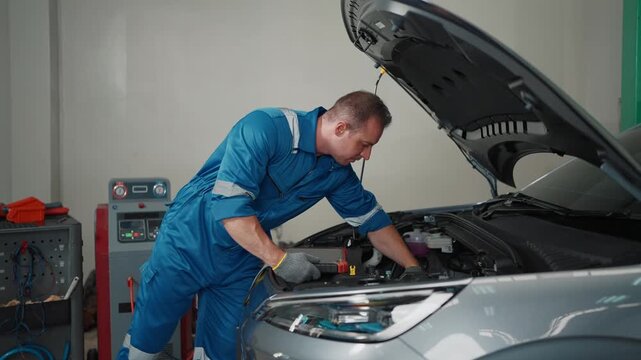 Mechanic in blue uniform inspects car engine. He uses tool with focused expression. Workshop has tools and equipment nearby. Ideal for auto repair or maintenance themes. No animals or plants present
