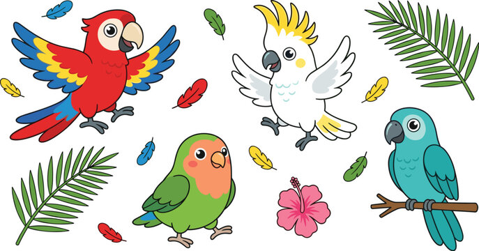 Cute tropical parrot clipart collection featuring macaw cockatoo lovebird blue parrot palm leaves and hibiscus flower vector illustration set