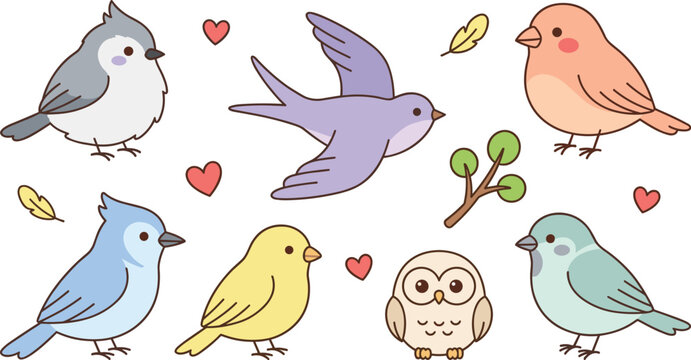 Cute bird clipart collection featuring robin swallow bluebird canary owl songbirds hearts and nature elements vector illustration set