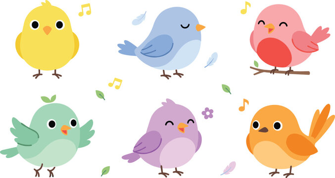 Cute colorful bird clipart collection featuring cartoon songbirds singing perched and flying with nature elements vector illustration set