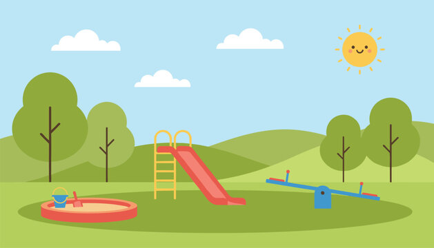 Sunny and colorful empty children's playground with a red slide, blue seesaw, sandbox, and green trees under a smiling sun.
