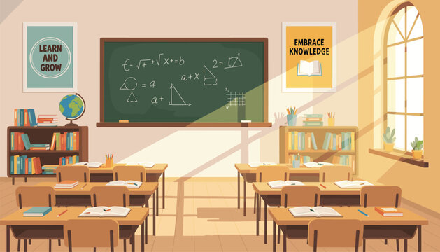 Bright sunlit classroom features wooden desks with open books, a green chalkboard with math equations, and bookshelves under motivational posters on the wall.