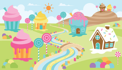 Fototapeta premium Magical candy land landscape features cupcake houses and a lollipop forest with a gummy bear river under a bright smiling sun.