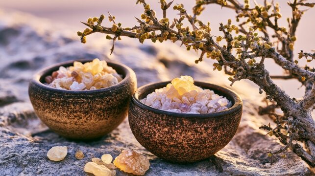 Natural Harvested Gum Tragacanth Flakes in Rustic Bowls on Stone Background with Branches