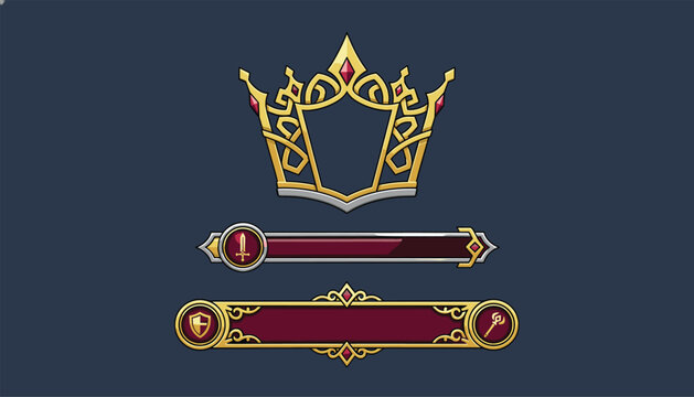 Fantasy game interface elements include a golden crown emblem and decorative health and mana bars for character statistics.