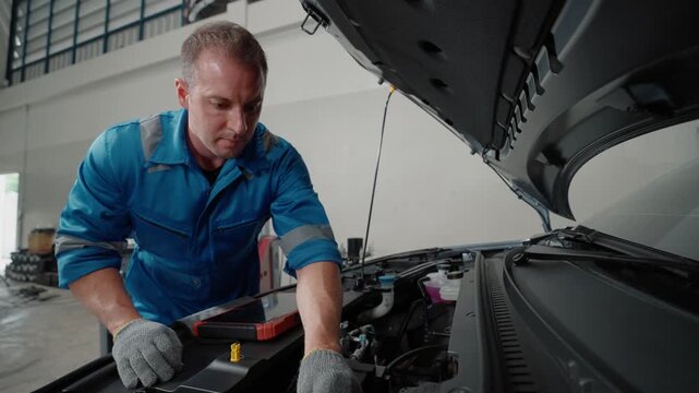 Technician leans over EV car engine, focused and attentive. Hands hold tools, checking engine components carefully. Workshop background shows tools and equipment, suggesting professional setting