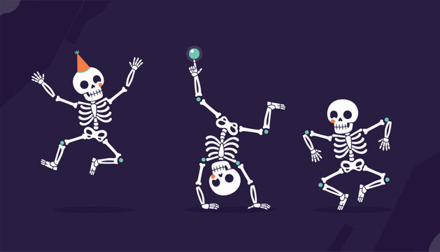 Fun illustration of three white skeletons dancing and performing acrobatic moves against a dark purple background.