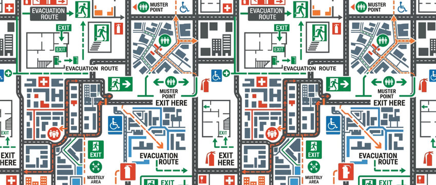Emergency Evacuation Route Map Pattern, Safety Signs, Exit, Muster Point