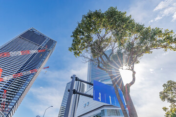 見上げる青空とみなとみらいのモダンな高層ビル群 © taka