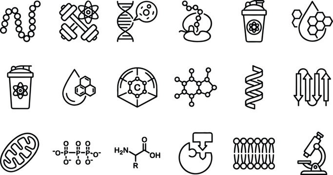 Biochemistry and Protein Science Line Icon Set Featuring Molecular Structure Amino Acid DNA Supplement Shaker and Laboratory Equipment Symbols for Fitness Biology and Scientific Research Projects