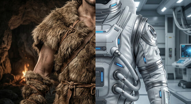 Evolution of humanity: primitive caveman to advanced astronaut technology
