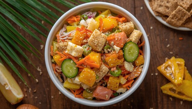 Close-up of a bowl of rojak salad with tofu and vegetables, viewed from above.