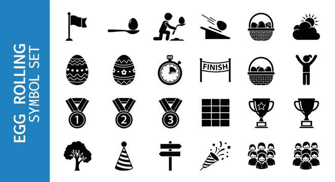 Vector illustrations of Easter egg rolling symbols and icons on white