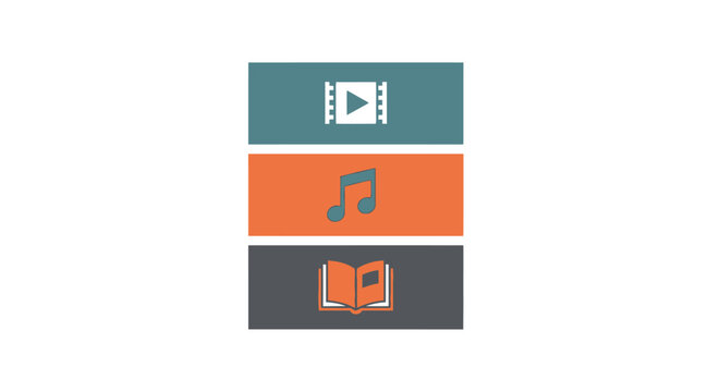 Multimedia icons on colored rectangles.