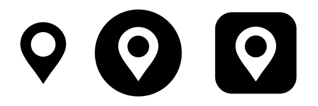 Vector icons of map markers in various shapes and designs are shown.