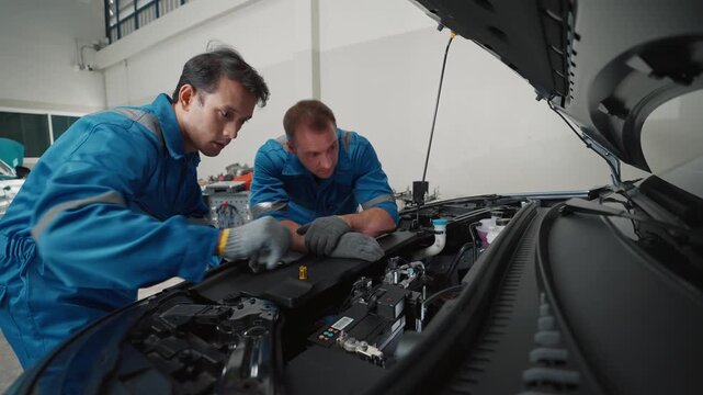 Two EV mechanics inspect engine components together. They work closely, focused on diagnostic tasks. Gloved hands manipulate parts with care and precision