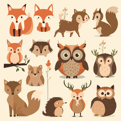 Fototapeta premium Collection of cute stylized forest animals in warm earthy tones, featuring foxes, owls, squirrels, deer, and hedgehogs.
