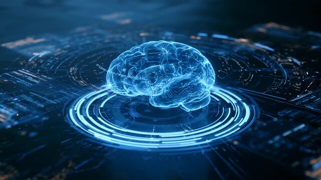 Futuristic AI intelligence concept featuring a digital neural brain, real-time analytics dashboards, cybersecurity systems, and autonomous data processing.