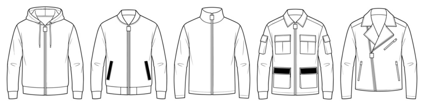 flat sketch set of mens long sleeve hoodies and bomber jackets vector illustration on transparent background