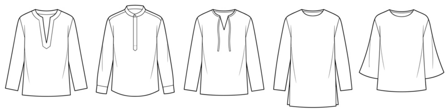 flat sketch set of mens long sleeve kurta and ethnic shirts vector illustration on transparent background