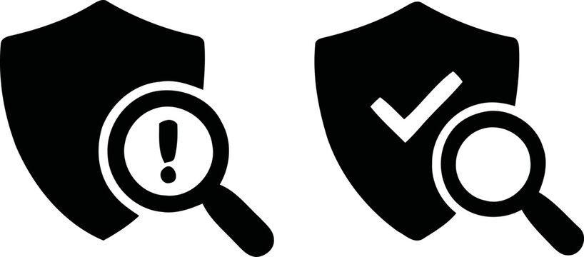 Security scan icons shield with magnifying glass warning and approved