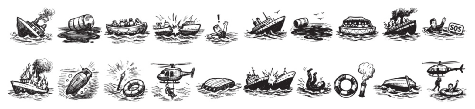 Various hand-drawn black and white illustrations depicting different maritime accidents and rescue operations on a white background