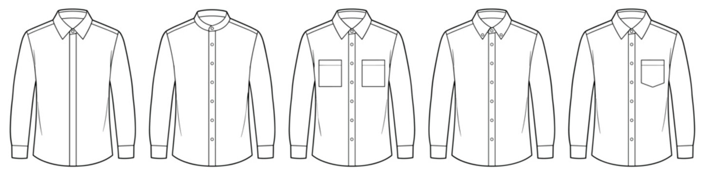 flat sketch set of mens long sleeve classic button down shirts vector illustration on transparent background