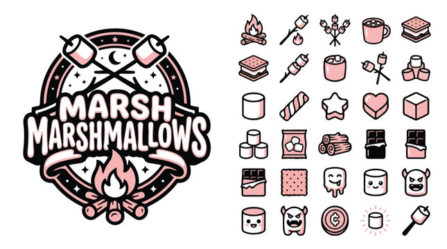 Retro marshmallow icon set and campfire logo, 30 pink camping dessert vector elements, roasted s'mores and bonfire flat line art icons